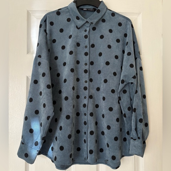 Zara Tops - Zara Blue Button-Down Shirt with Black Polka Dots